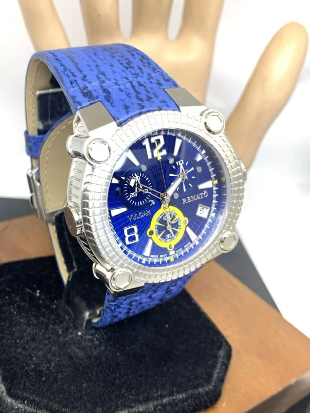 Renato Vulcan Men's Watch Swiss Quartz Chronograph Blue Dial Leather Strap 46mm